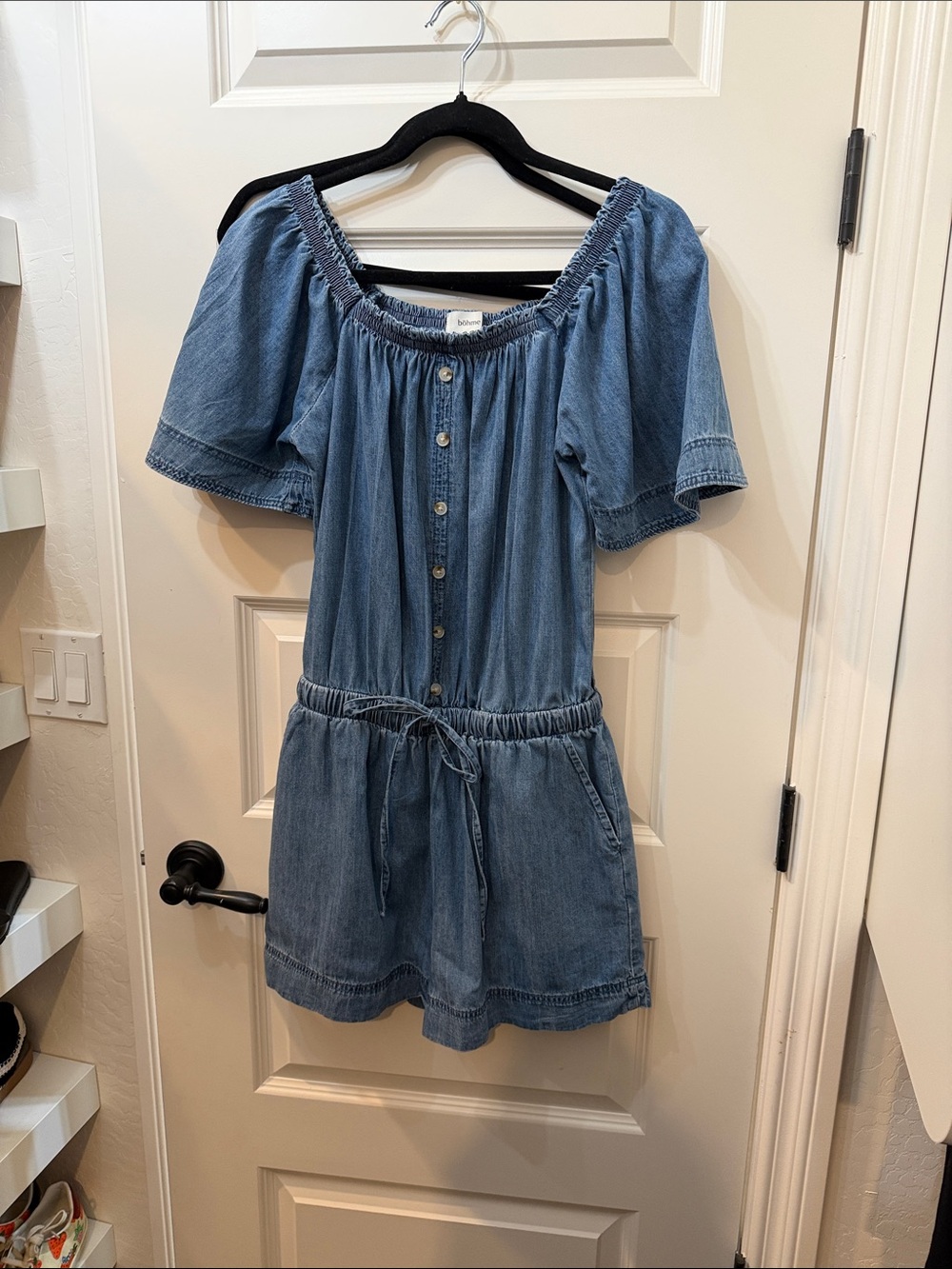 Light Denim Off-Shoulder Button Romper Bohme